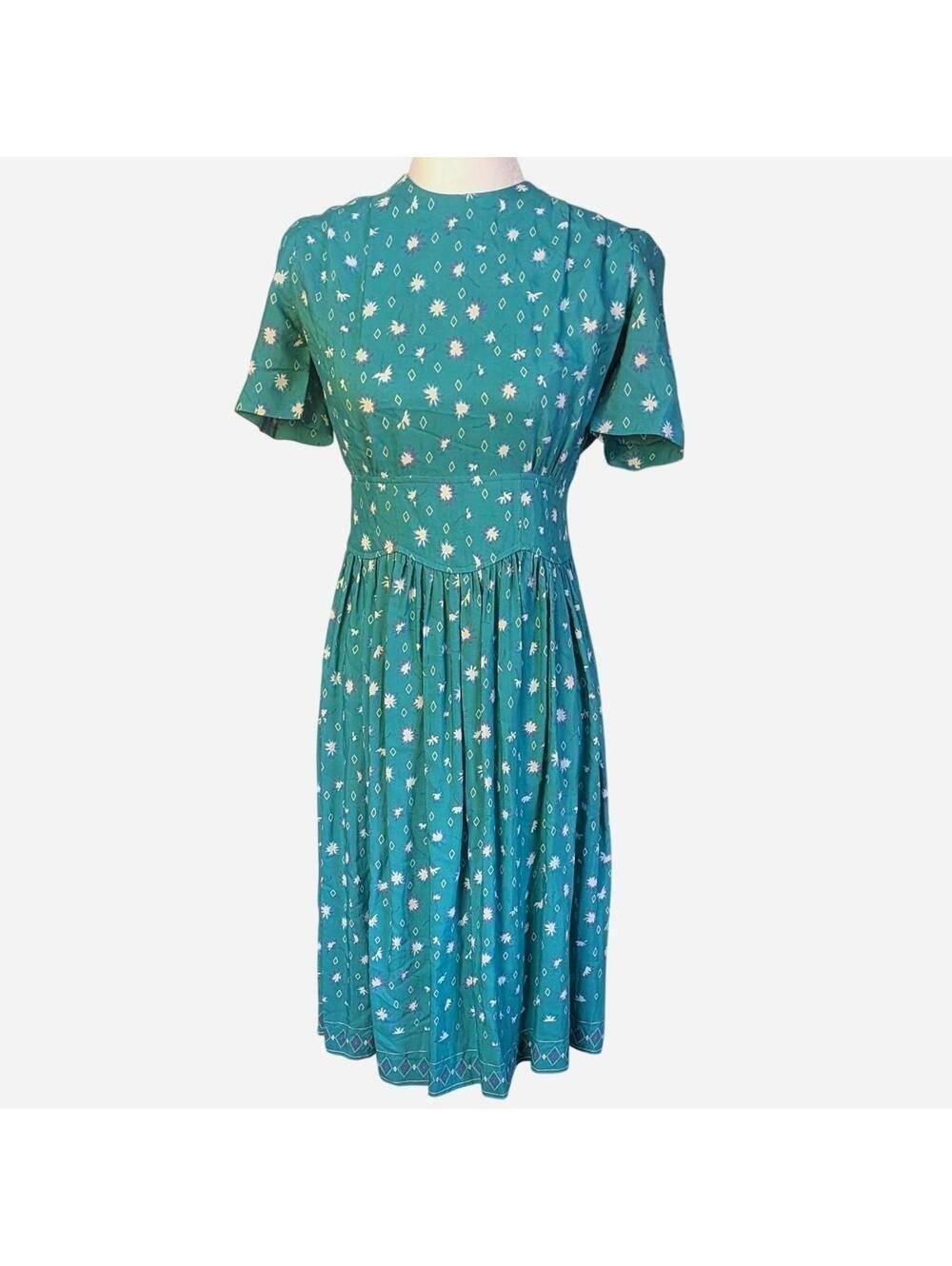 80s Azure Teal Floral and White Diamond Print Midi Dress Vintage Size 6